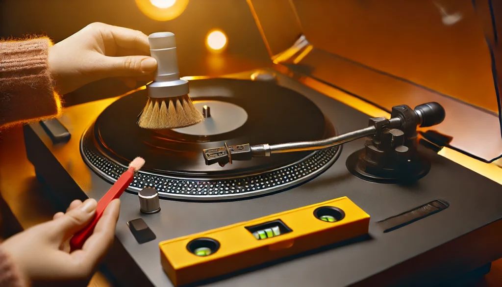 A vinyl turntable undergoing maintenance with a soft brush cleaning the platter and tonearm, a stylus brush cleaning the stylus, and a bubble level used for calibration.