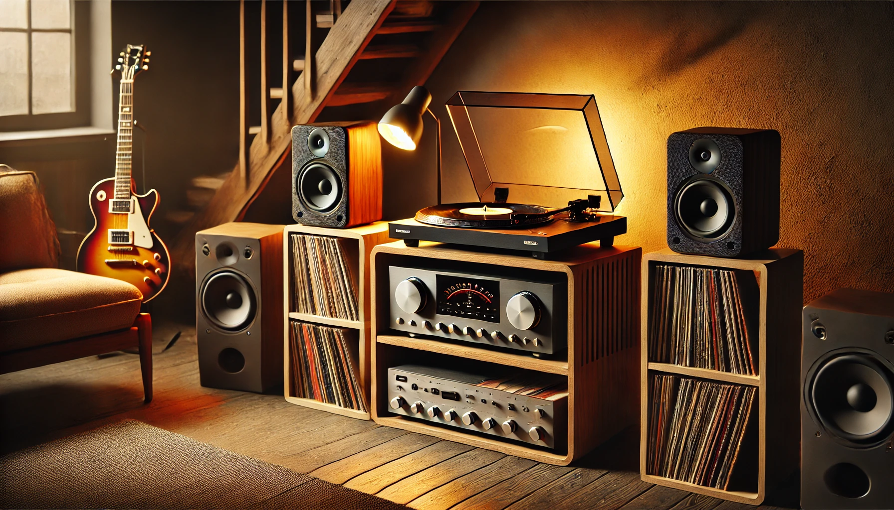 A cozy living room setup featuring a modern vinyl turntable connected to an amplifier, with speakers on either side and vinyl records neatly organized nearby.