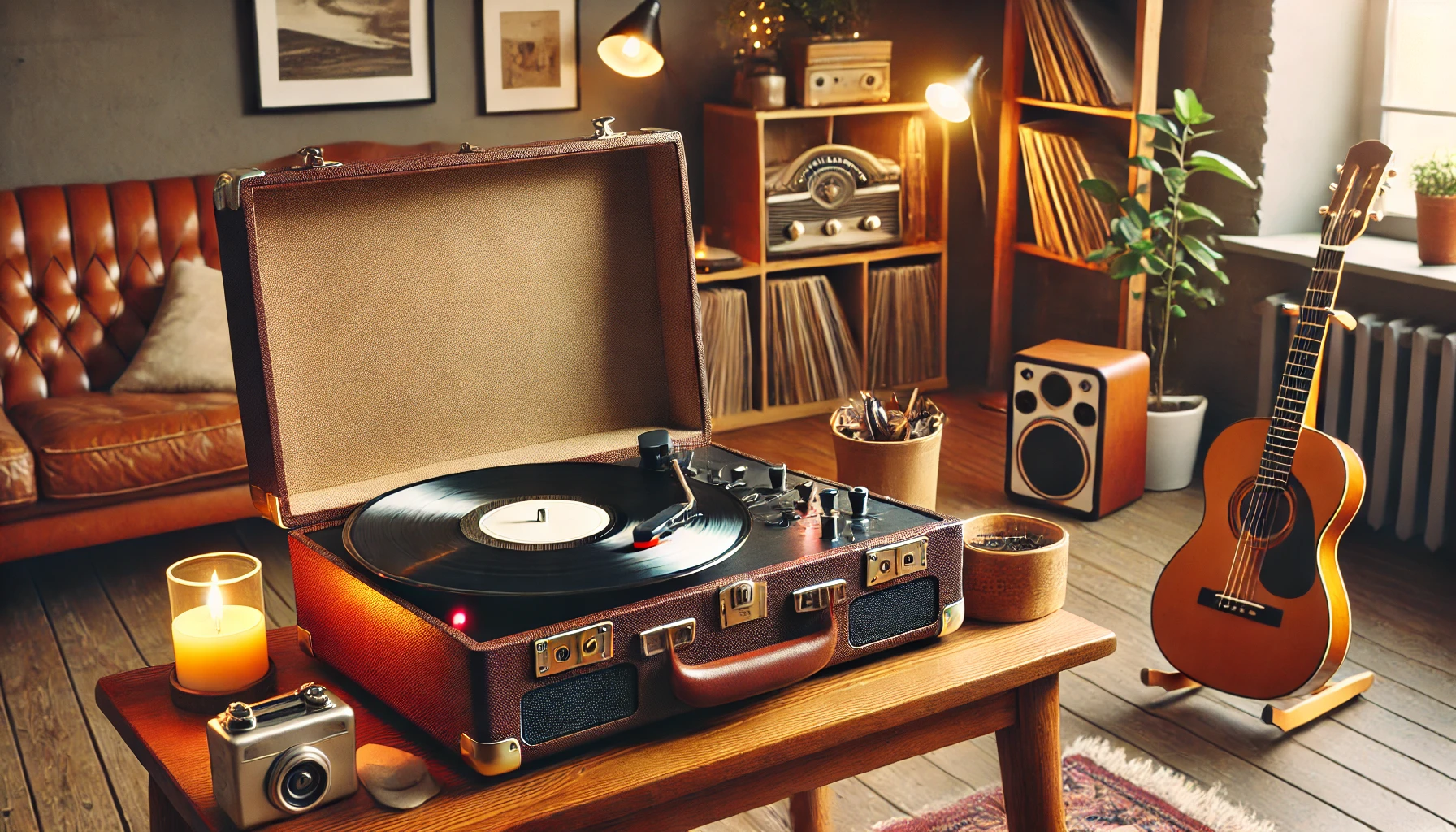 Cozy and stylish vinyl setup with a retro suitcase turntable playing a record, surrounded by vinyl records and vintage decor, highlighting both the charm and potential risks of suitcase turntables.