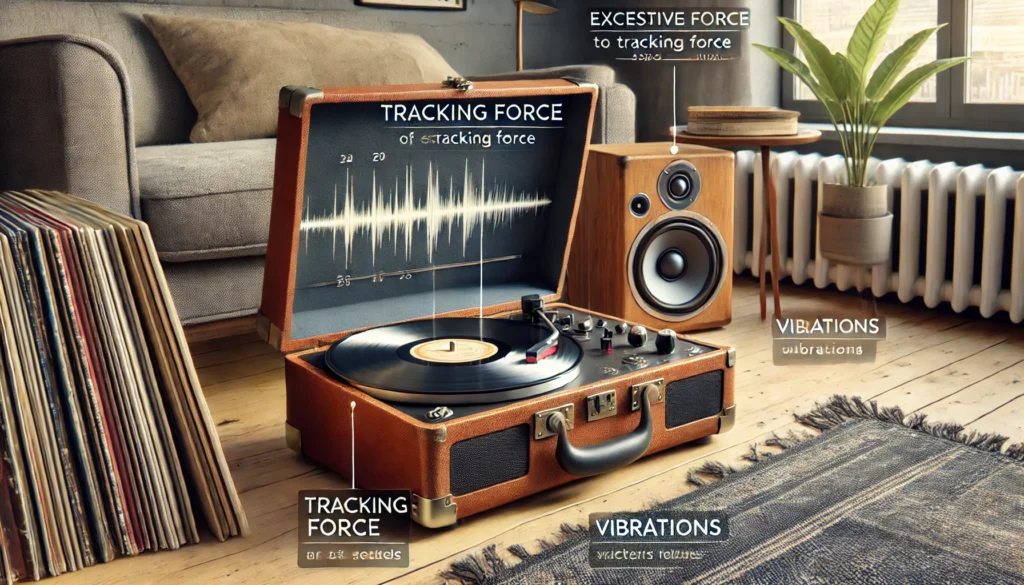 Cozy room with a suitcase turntable playing a vinyl record, showing potential risks like excessive tracking force and vibrations from built-in speakers.