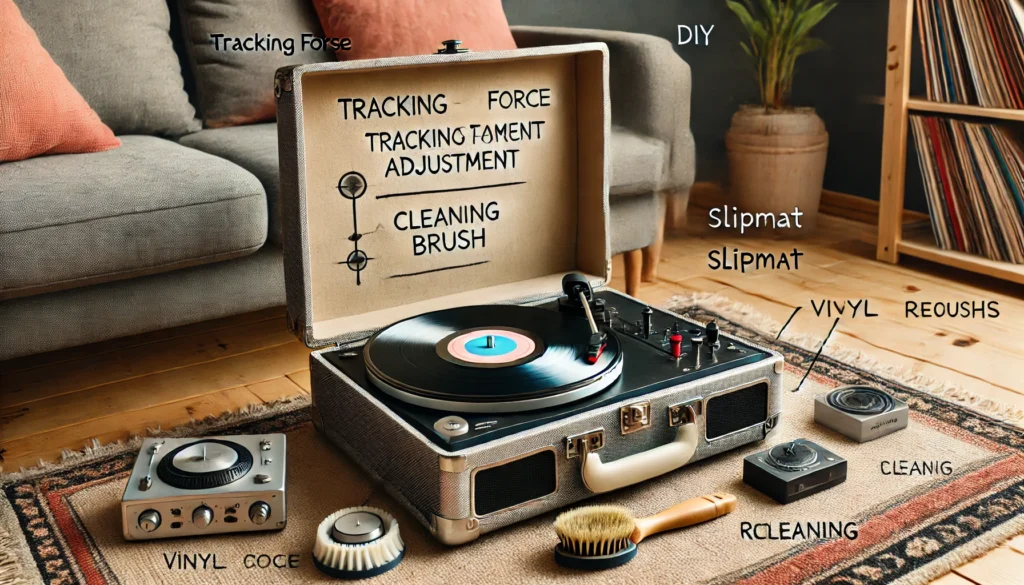 Cozy room with a suitcase turntable playing a vinyl record, showing adjustments to tracking force, a DIY slipmat, and a record cleaning brush to minimize damage.