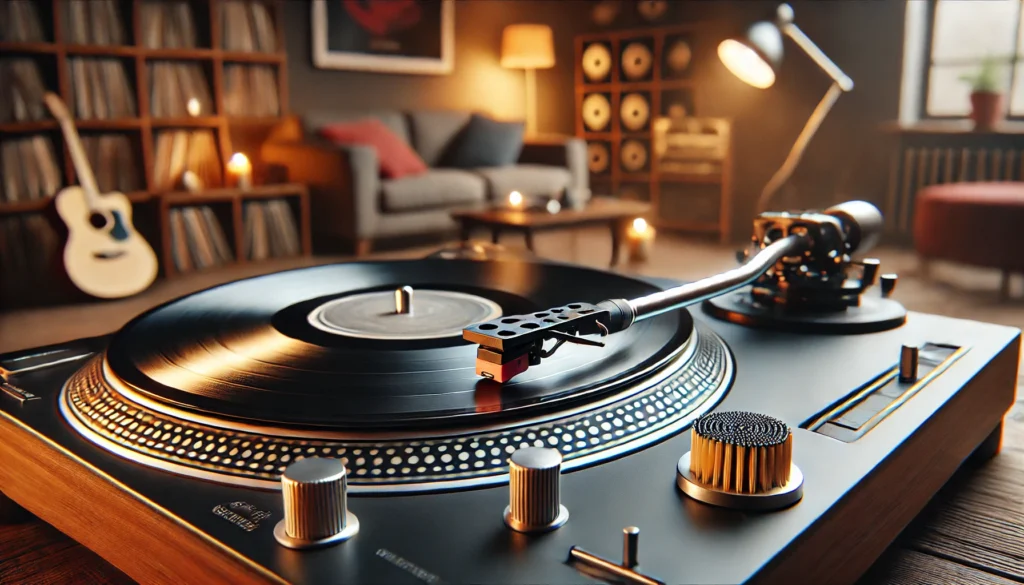 Close-up of a turntable stylus tracing the grooves of a spinning vinyl record in a cozy living room, with vinyl maintenance tools nearby, symbolizing care and preservation.