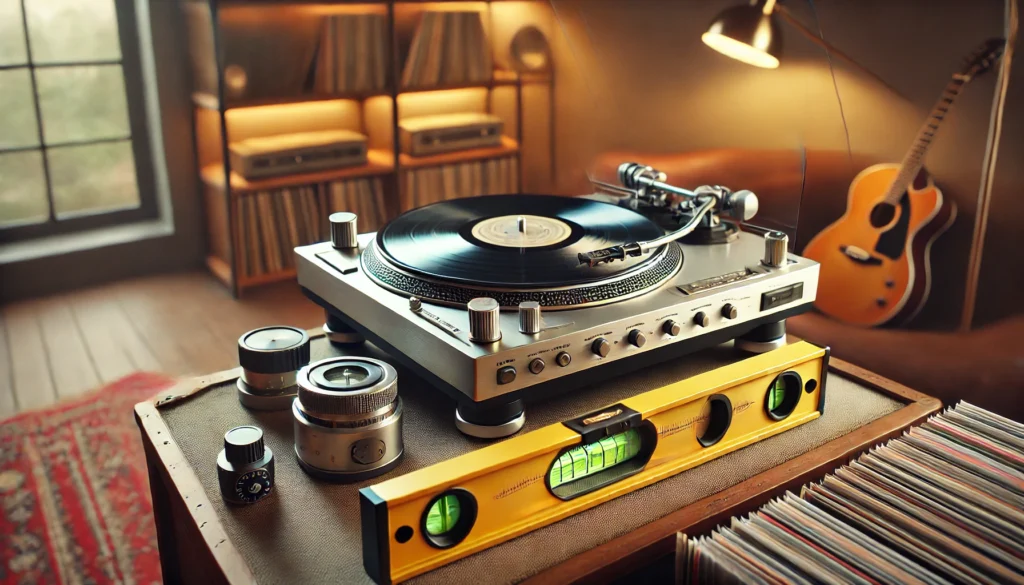 Cozy home vinyl setup with a turntable featuring a balanced tonearm, counterweight, and anti-skate adjustment, surrounded by a collection of vinyl records and tools for precise setup.