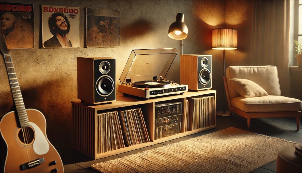 Warm, vintage-inspired room featuring a modern turntable on a wooden shelf, surrounded by vinyl records and soft lighting. High-quality speakers sit on either side, creating an inviting atmosphere for enjoying music.