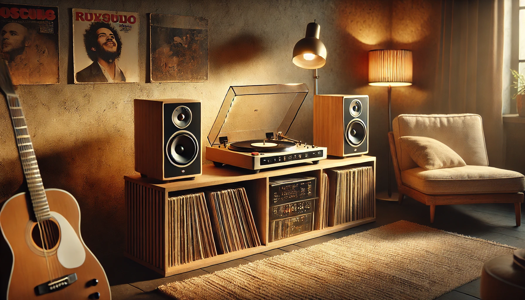 Warm, vintage-inspired room featuring a modern turntable on a wooden shelf, surrounded by vinyl records and soft lighting. High-quality speakers sit on either side, creating an inviting atmosphere for enjoying music.