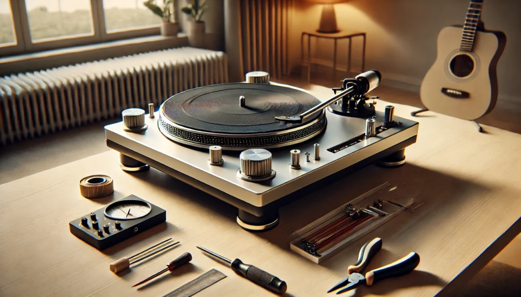 A close-up view of a modern turntable being set up, with tools like a vinyl brush, protractor, and small screwdriver nearby. The scene highlights the assembly of the platter and adjustment of the tonearm, all under warm lighting on a stable surface.