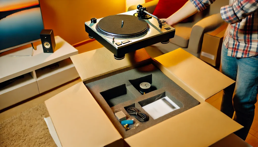 A new turntable being carefully lifted from its packaging, surrounded by foam inserts and accessories like the platter, dust cover, and manual. The scene captures the excitement and precision of unboxing a delicate audio instrument, with warm lighting enhancing the moment.