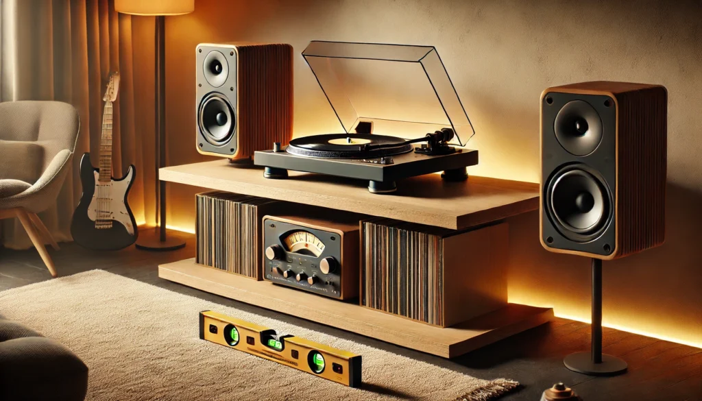 A stylish turntable setup in a cozy living room, placed on a sturdy wooden shelf, showing a well-balanced and stable surface with warm ambient lighting, records, and speakers nearby.