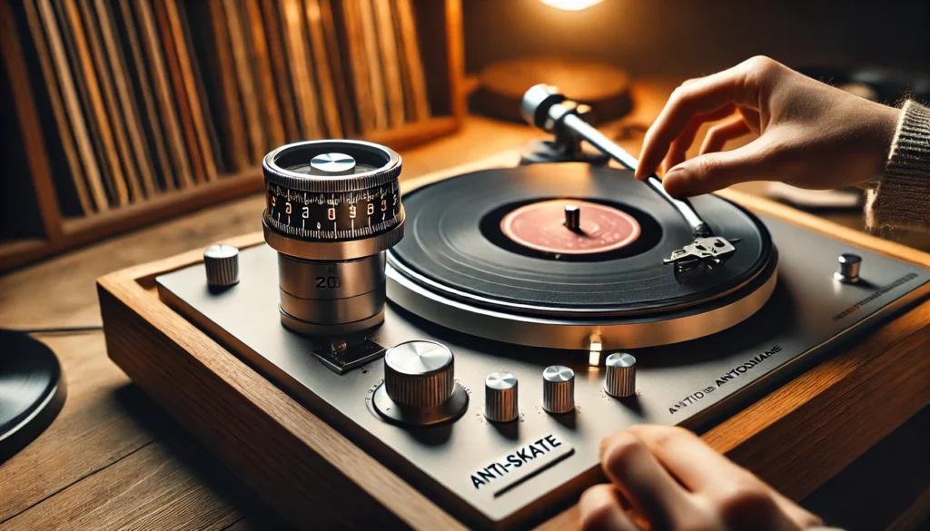 A close-up view of a turntable setup with the tonearm floating parallel to the platter, counterweight adjusted, and anti-skate dial visible. Careful hands adjust the tonearm in a cozy room with records nearby, emphasizing precision and stability.