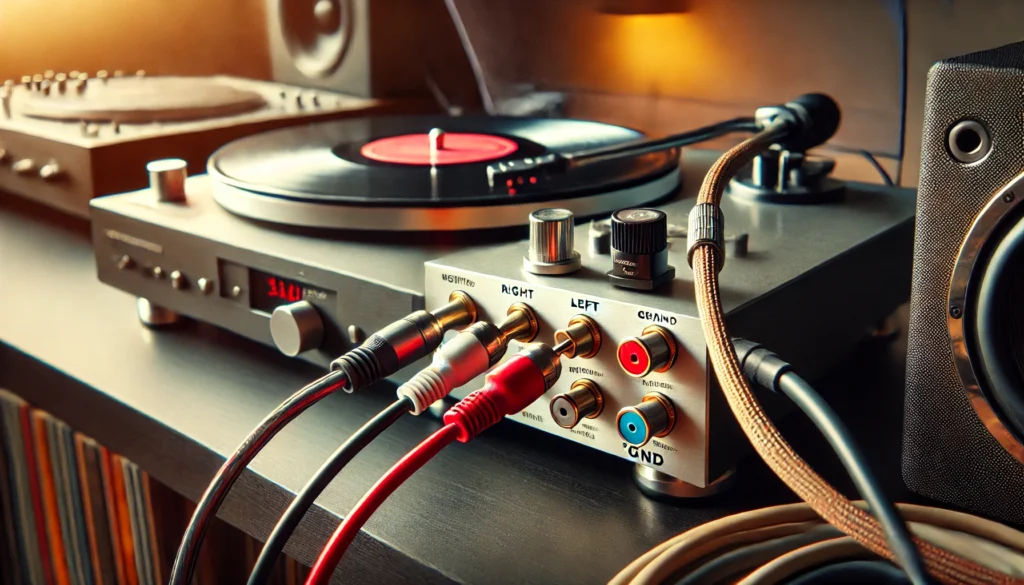 A scene of a turntable being connected to an audio system with high-quality RCA cables, visible red and white connectors, and a ground wire attached to the preamp's 'GND' terminal. The setup includes a neat audio rack with vinyl records nearby, ready to deliver clean sound through connected speakers.