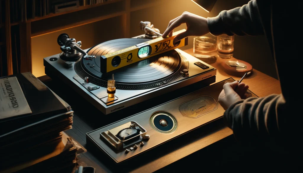 A detailed scene of a person fine-tuning a turntable, adjusting the Vertical Tracking Angle (VTA) with a bubble level on the platter, checking azimuth alignment using a mirror, and positioning the cartridge with an alignment protractor. The setup includes a strobe disc for speed adjustments, surrounded by warm lighting and neatly stacked vinyl records.