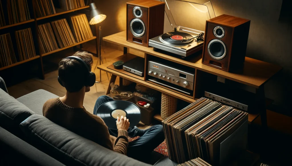 A cozy living room where a person is performing a test run of their turntable. A record is spinning, speakers are playing music, and the listener is sitting back, eyes closed, focusing on the sound. The scene features warm lighting, neatly arranged vinyl records, and a clean, organized audio system setup.