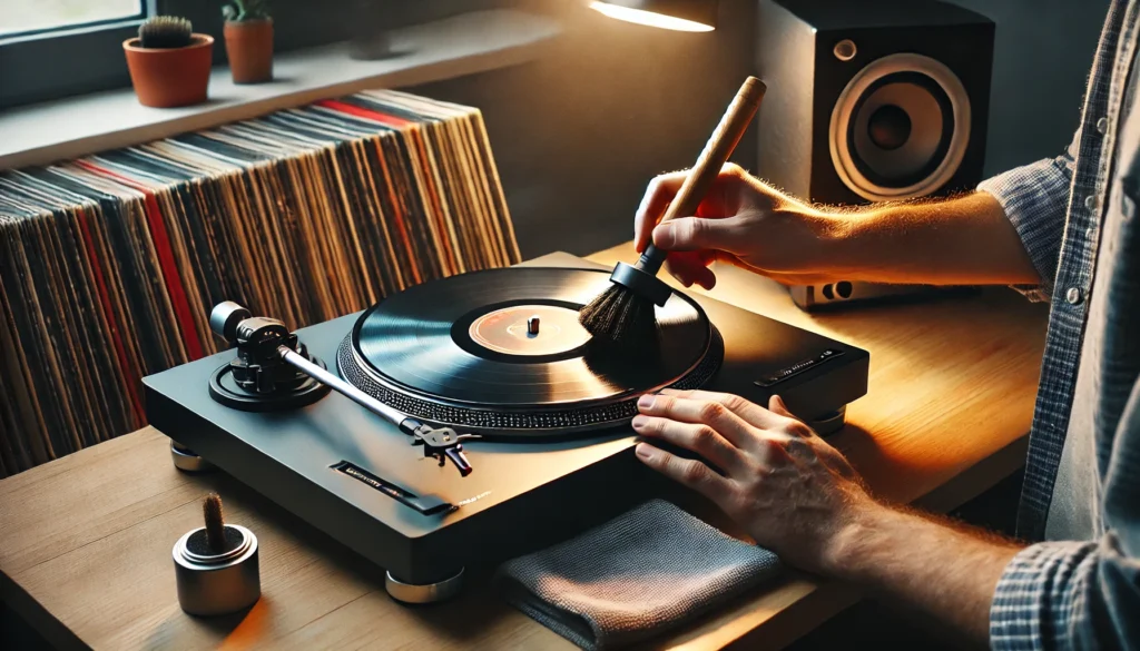 A well-maintained turntable setup with a person gently brushing a vinyl record using a carbon fiber brush. A stylus brush is nearby, and a microfiber cloth rests on the turntable. Vinyl records are stored vertically on a shelf, while soft lighting emphasizes the organized and clean setup, ensuring long-term optimal performance.