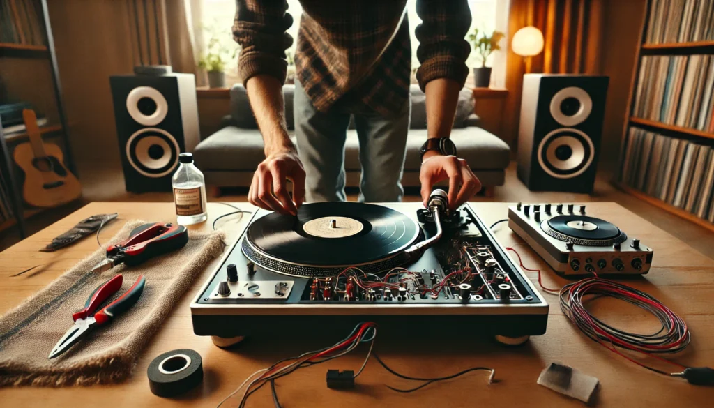 A person troubleshooting their turntable, inspecting the ground wire and connections at the back of a belt-drive turntable. A lint-free cloth and isopropyl alcohol are nearby for cleaning, while the tonearm is raised to check the stylus alignment. Speakers are placed at a distance to avoid feedback, and the room is warmly lit, creating a focused and organized troubleshooting environment.