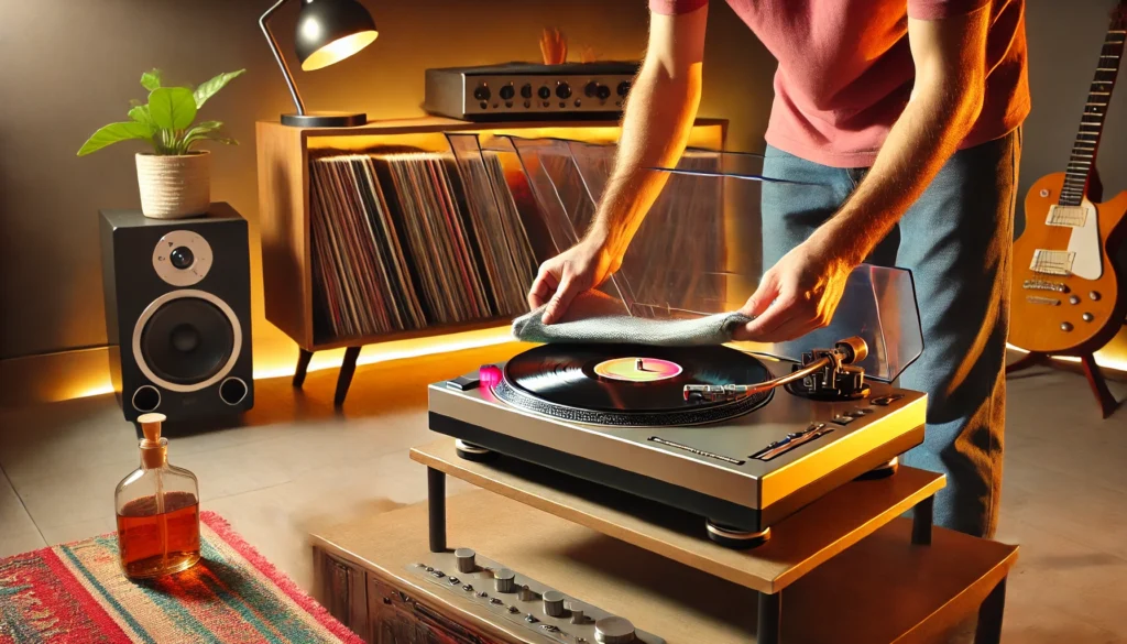 A vibrant and organized turntable setup in a stylish living room. A person carefully lifts the platter from a sleek, modern record player, surrounded by vinyl records in a neatly arranged cabinet. Soft lighting creates a warm, inviting atmosphere, capturing the care and precision vinyl enthusiasts give to their turntable maintenance.