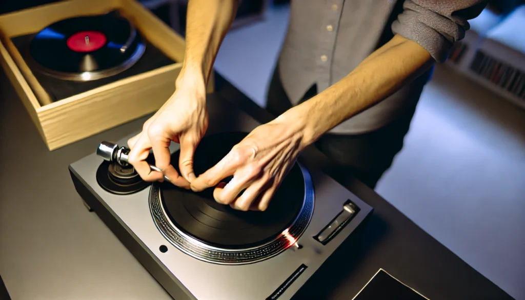 Close-up view of a person gently lifting a turntable platter from the center spindle, with the slipmat set aside. The setup is neat and modern, placed on a sturdy surface with vinyl records stored nearby. Soft lighting emphasizes the careful process involved in removing the platter.