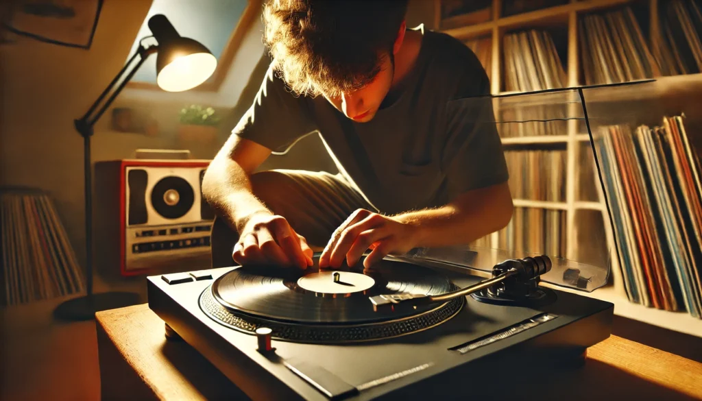 A person carefully troubleshooting a stuck turntable platter, applying gentle pressure while rotating the platter in a cozy, organized room. Vinyl records are nearby, and soft lighting highlights the calm and methodical approach to handling the situation. The scene emphasizes patience and care in safely removing a stubborn platter.