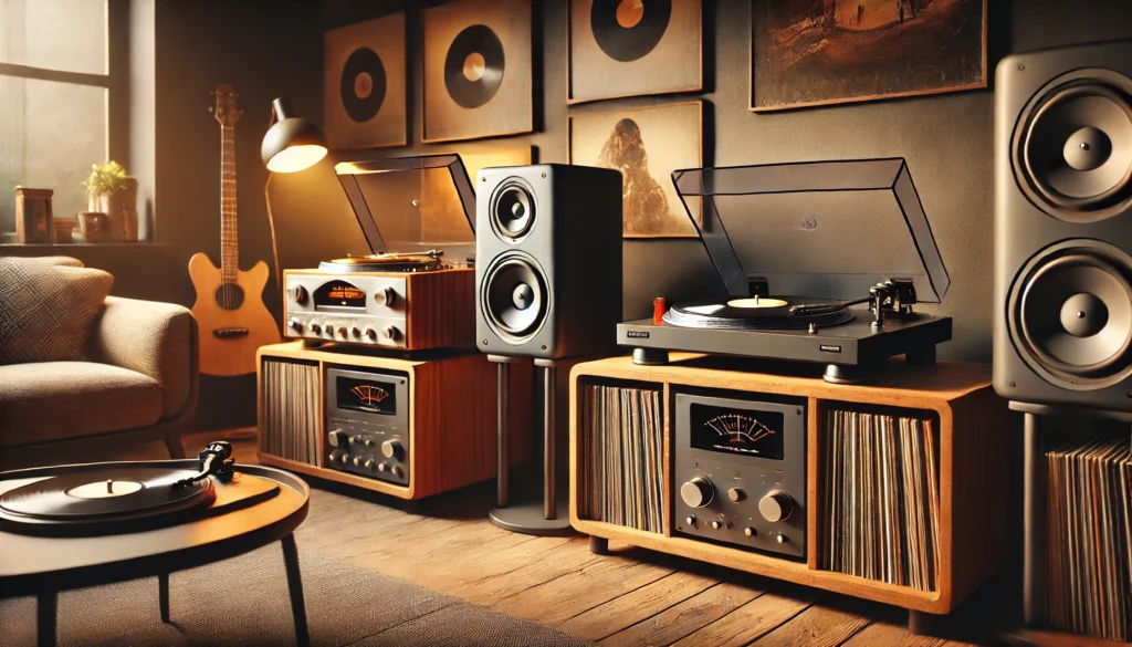 A detailed scene showcasing both a modern turntable and an all-in-one record player side by side on a wooden shelf in a cozy, stylish vinyl listening room. The turntable is surrounded by high-quality speakers and vinyl records, while the record player has built-in speakers and a simpler setup. Soft lighting enhances the warmth and nostalgia of the space, highlighting the differences between the two setups.