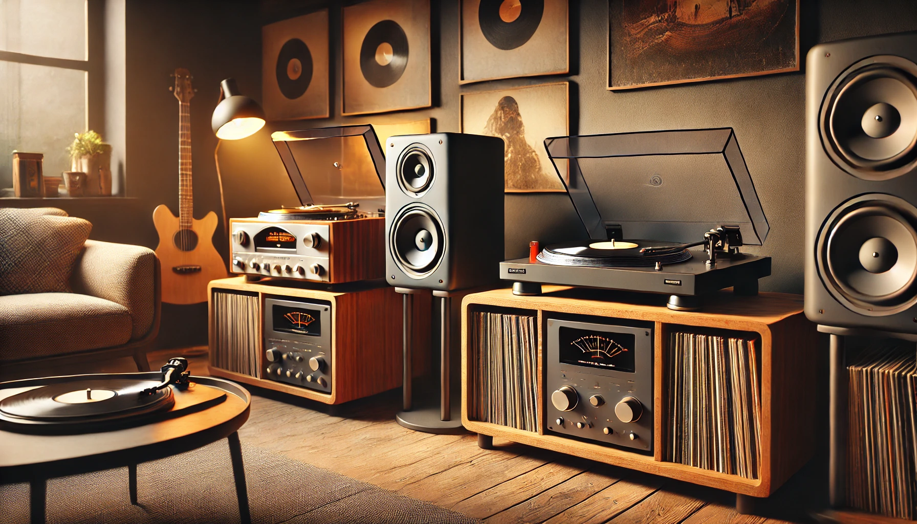 A detailed scene showcasing both a modern turntable and an all-in-one record player side by side on a wooden shelf in a cozy, stylish vinyl listening room. The turntable is surrounded by high-quality speakers and vinyl records, while the record player has built-in speakers and a simpler setup. Soft lighting enhances the warmth and nostalgia of the space, highlighting the differences between the two setups.