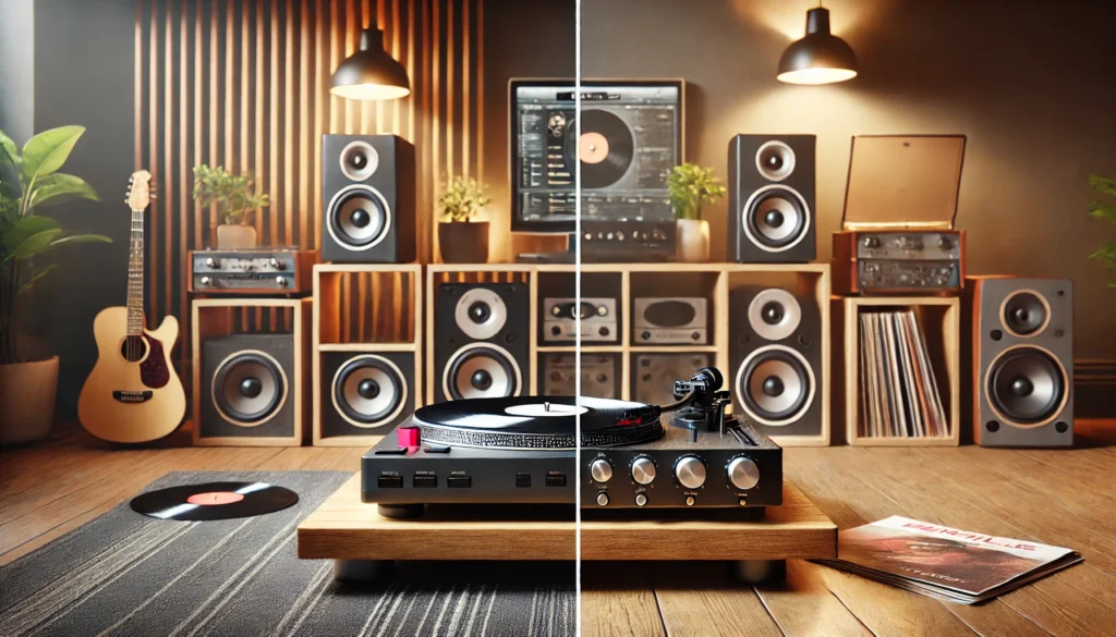 A split-screen image comparing a modern turntable connected to external speakers with an all-in-one record player featuring built-in speakers. Both setups are displayed in a cozy vinyl listening room, with soft lighting and neatly stored vinyl records, highlighting the components and setup differences between a turntable and a record player.