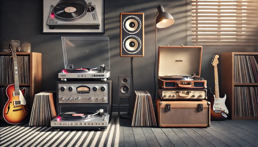  A side-by-side comparison of a modern turntable setup with separate speakers and a vintage suitcase-style record player with built-in speakers. Both are placed in a cozy vinyl listening room, surrounded by vinyl records, emphasizing the key differences in sound quality, customization, and size between the two devices.