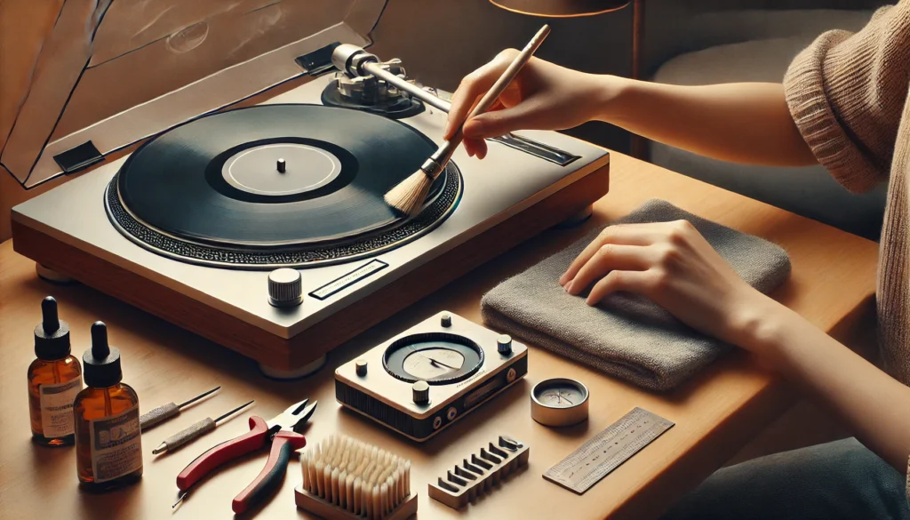 A detailed scene of a person cleaning a turntable with a soft brush, surrounded by tools such as a tracking force gauge, alignment protractor, stylus cleaning brush, and small bottles of cleaning solution on a wooden table.