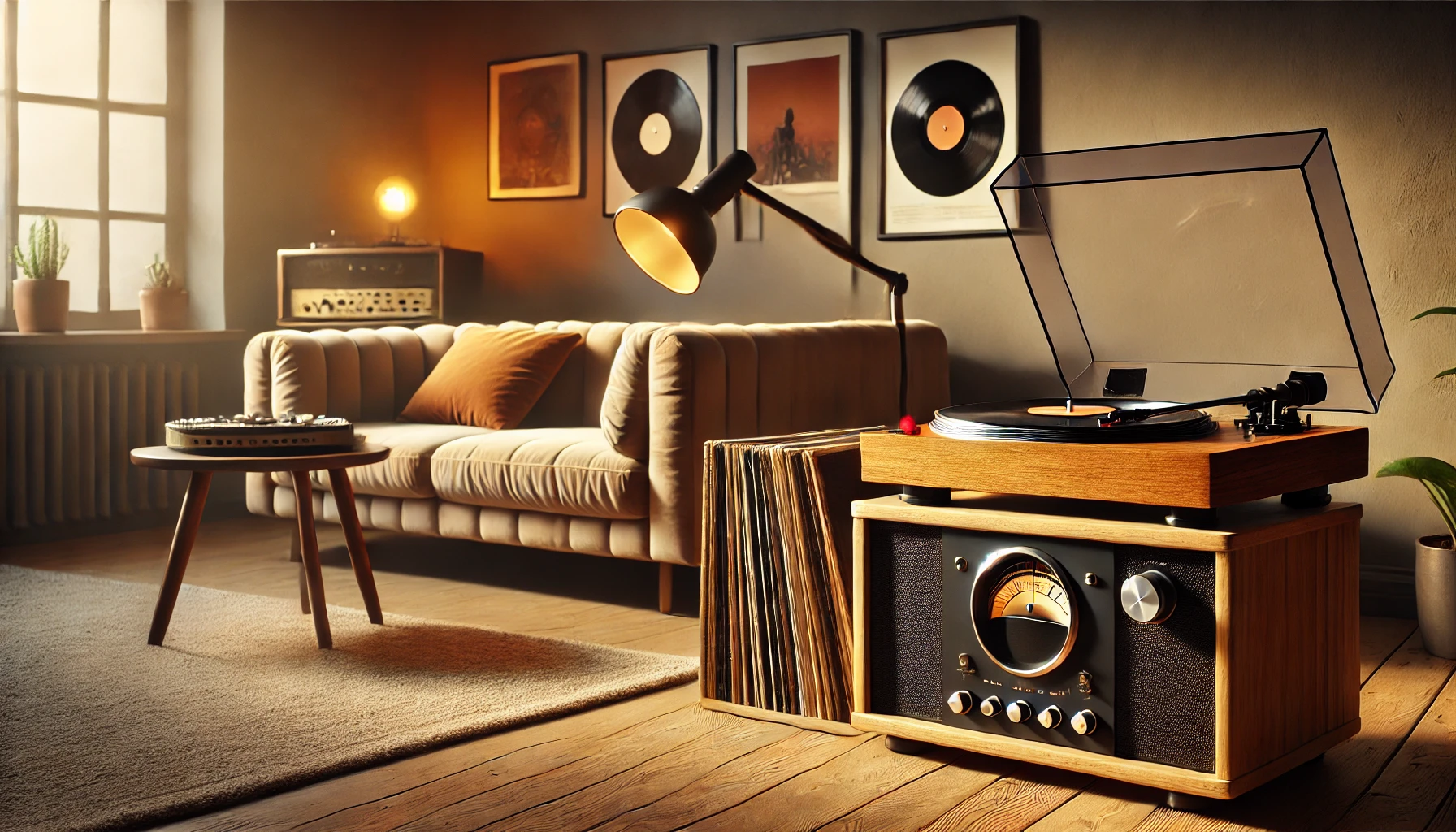 A cozy living room featuring a modern wooden turntable spinning a vinyl record, accompanied by a vintage amplifier and vinyl records displayed on the wall. The room is warmly lit, with a plush beige couch in the background, creating a nostalgic and relaxed atmosphere.