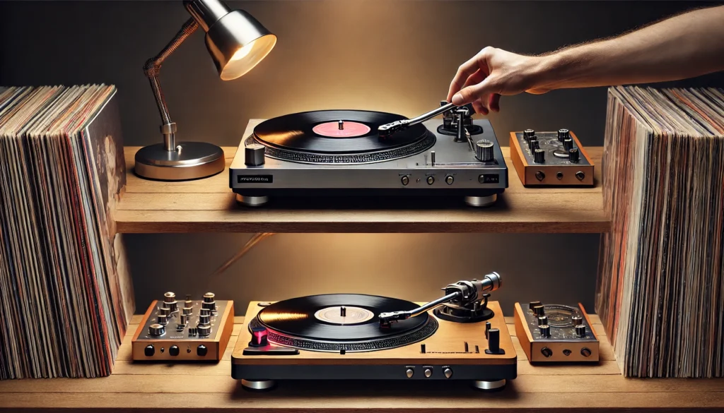 A detailed side-by-side comparison of a manual and automatic turntable, with a hand manually placing the tonearm on one turntable, while the automatic turntable features a mechanical arm gently lowering the tonearm onto a spinning vinyl record. Both turntables are set on a wooden surface with warm lighting and stacks of vinyl records in the background.