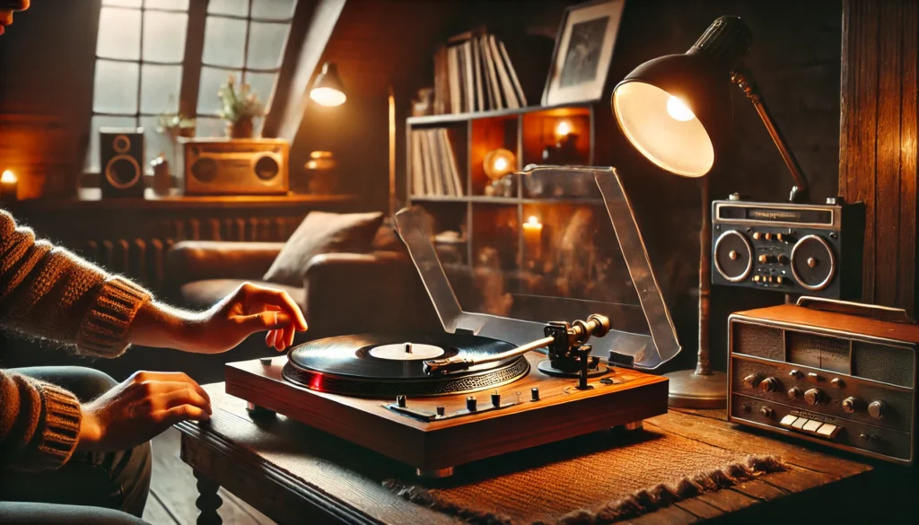 A cozy, vintage-inspired living room with a manual turntable on a wooden table. A hand is lowering the tonearm onto a vinyl record, surrounded by warm ambient lighting, vintage decor, and a shelf full of records in the background, creating an intimate vinyl listening experience.