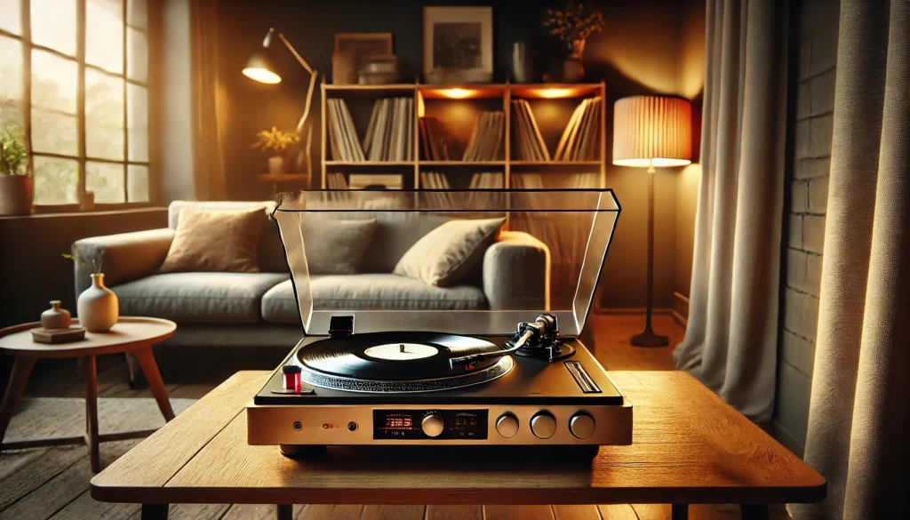 A cozy modern living room featuring an automatic turntable playing a vinyl record on a wooden table. The room is warmly lit with a comfortable couch and a bookshelf filled with vinyl records in the background, capturing the convenience and relaxation of using an automatic turntable.