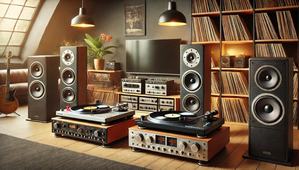 A high-end audiophile listening setup featuring both manual and automatic turntables, side by side, in a stylish modern living room. Surrounded by premium speakers, amplifiers, and a wall of records in the background, the cozy space emphasizes the comparison of sound quality between the two turntable types, with warm ambient lighting.