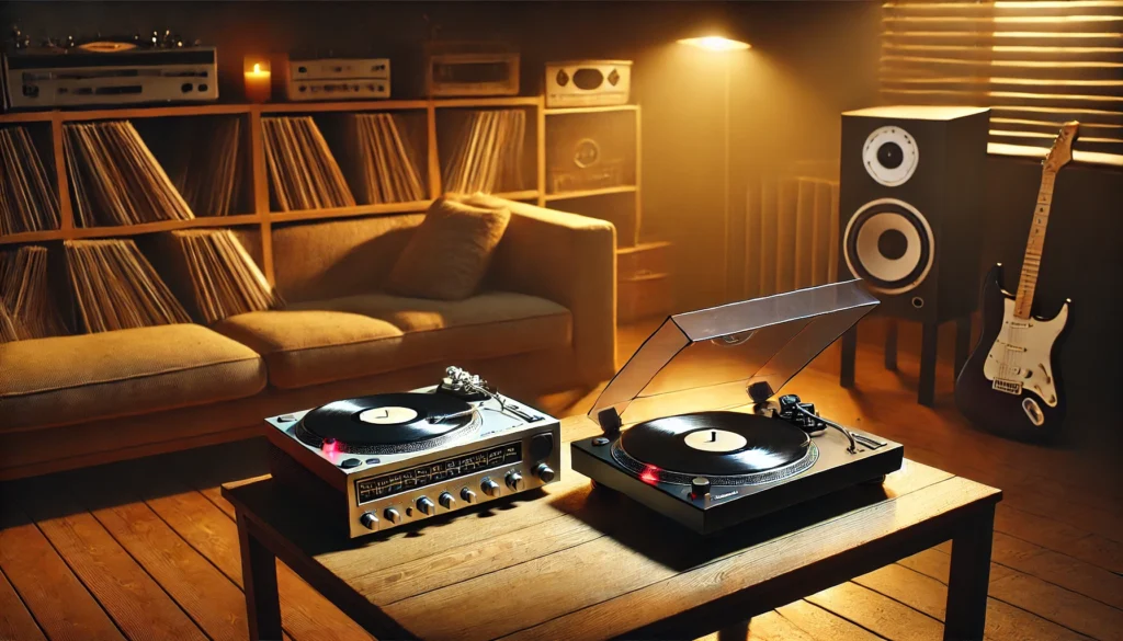 A cozy living room with two vinyl turntables set up side by side on a wooden table. One turntable is a manual, minimalist design with a tonearm resting in its cradle, while the other is an automatic turntable with buttons and a more complex setup. Warm lighting fills the room, with vinyl records on shelves and speakers in the background, creating a relaxed and nostalgic atmosphere.