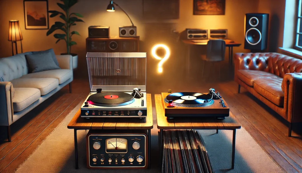 A cozy living room showcasing two turntables side-by-side on a wooden table. One is a budget-friendly automatic model with a basic design, and the other is a high-end manual turntable with premium features. The background features vinyl records, a plush sofa, and speakers, highlighting the contrast between affordability and luxury in turntable options.