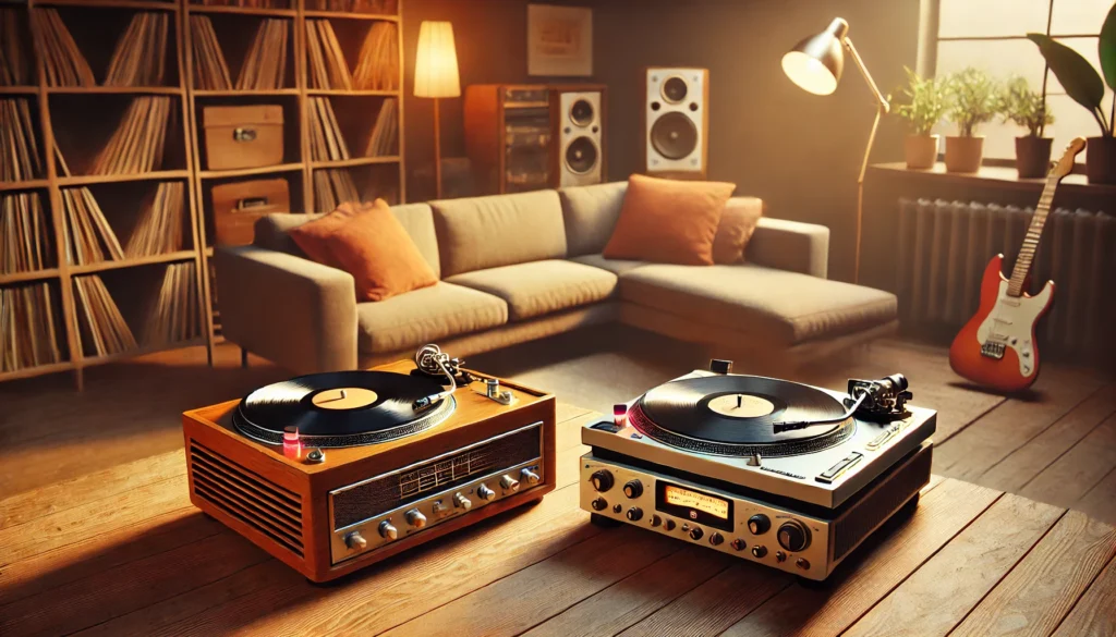 A cozy living room setup showcasing two turntables side by side on a wooden table. One turntable has a vintage wooden design for manual operation, while the other is sleek and modern, with an automatic operation system. The background features a comfortable couch, bookshelf filled with vinyl records, and speakers, creating a warm, inviting atmosphere with soft lighting.