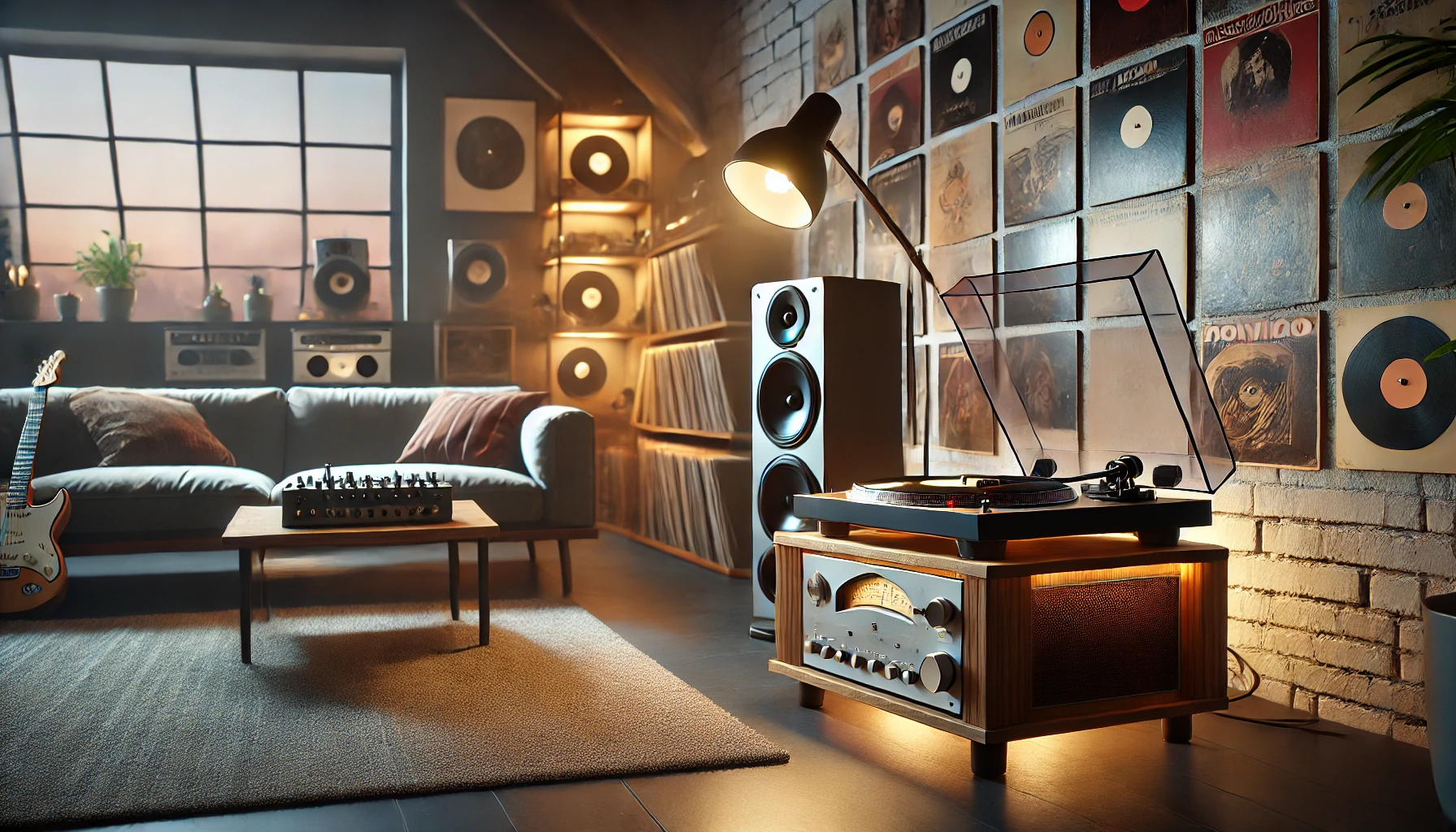 A modern, cozy living room featuring a high-quality turntable on a wooden stand, spinning a vinyl record. The room is softly lit with ambient lighting, highlighting a collection of vinyl records on shelves, large speakers, and a comfortable couch, creating a warm, inviting atmosphere.