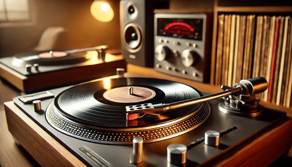 A close-up image of a modern turntable spinning a vinyl record, with the stylus gently touching the grooves. The setting features warm ambient lighting, with speakers and vinyl records in the background, highlighting a cozy listening space.