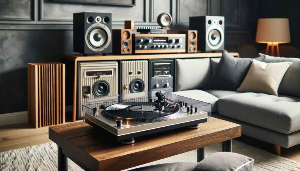 A modern direct-drive turntable setup with vinyl playing, accompanied by a mixer and speakers, in a cozy living room setting. The equipment reflects a high-quality audio system, with a focus on precision and sound clarity.