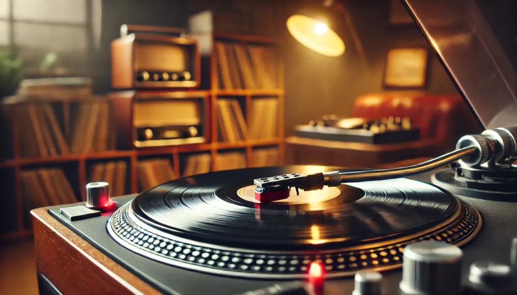 Close-up of a stylus riding on the grooves of a vinyl record with a cozy, vintage-inspired listening room in the background, featuring shelves of records and classic audio equipment.