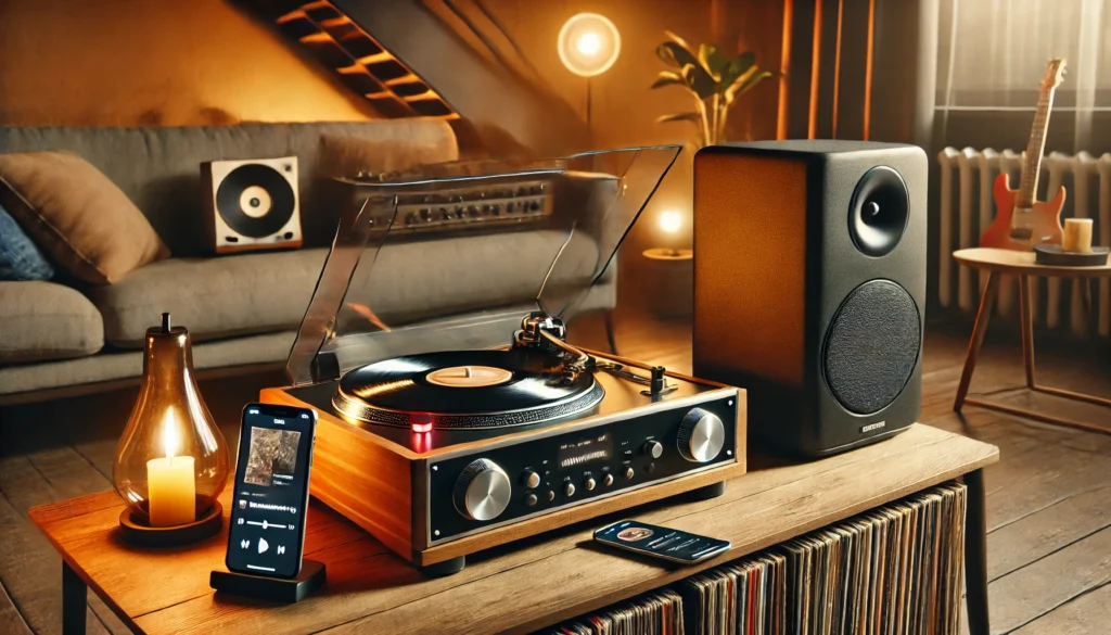 A modern turntable setup in a cozy living room, featuring wireless speakers and a smartphone displaying a music app connected via Bluetooth. Vinyl records are visible on the shelves, with warm ambient lighting creating a stylish, relaxed atmosphere.