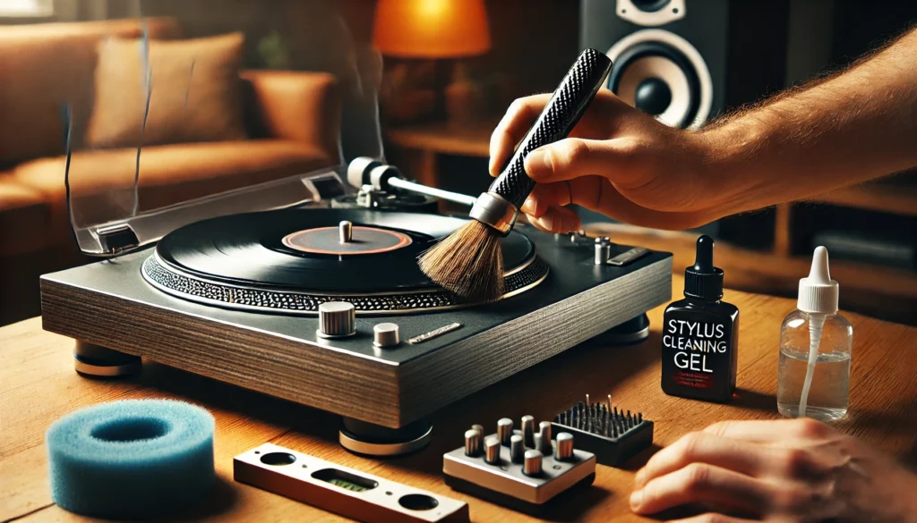 Close-up of a person cleaning a modern turntable with a carbon fiber brush, stylus cleaning gel, and other tools arranged nearby in a cozy living room setting.