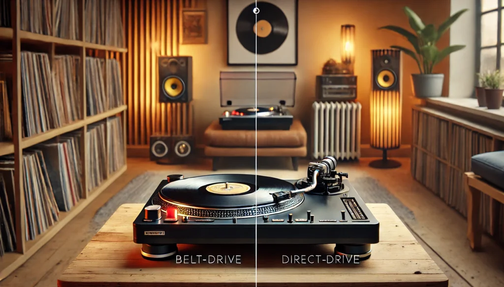 A detailed comparison image showcasing two turntables, one direct drive and one belt drive, side by side in a cozy, modern room setting with vinyl records in the background, highlighting the differences between the two popular turntable types.