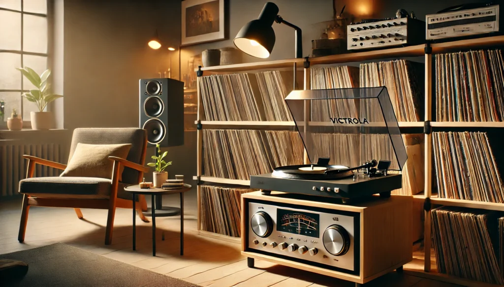 A modern Victrola turntable setup in a stylish living room with warm lighting. The turntable sits on a wooden shelf, spinning a vinyl record, surrounded by shelves filled with records. A cozy chair, small table with a plant, and high-quality speakers create a relaxed, music-loving atmosphere.