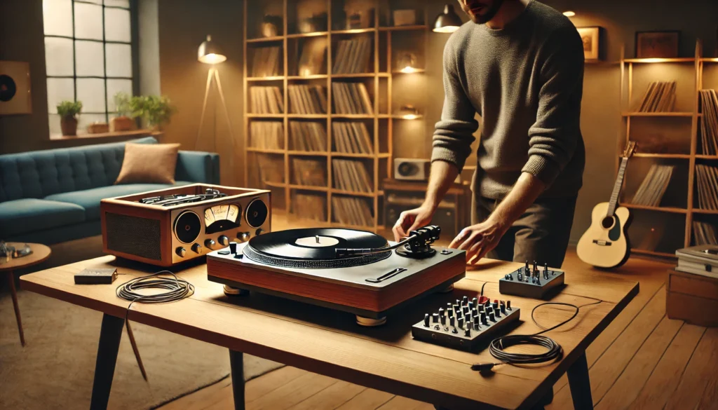 A person setting up a modern Victrola turntable on a wooden table in a cozy living room. Cables are neatly arranged, ready to connect to nearby speakers. The tonearm and cartridge are being adjusted while shelves filled with vinyl records and a soft, warm-lit atmosphere complete the scene.