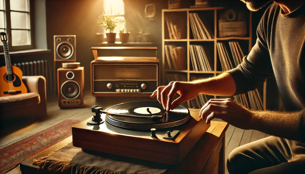 A cozy living room scene featuring a person carefully operating a Victrola turntable, gently lowering the needle onto a vinyl record using the cueing lever. Shelves filled with vinyl records and speakers are visible in the background, creating a warm and nostalgic atmosphere. Soft lighting adds to the relaxing mood of the space.