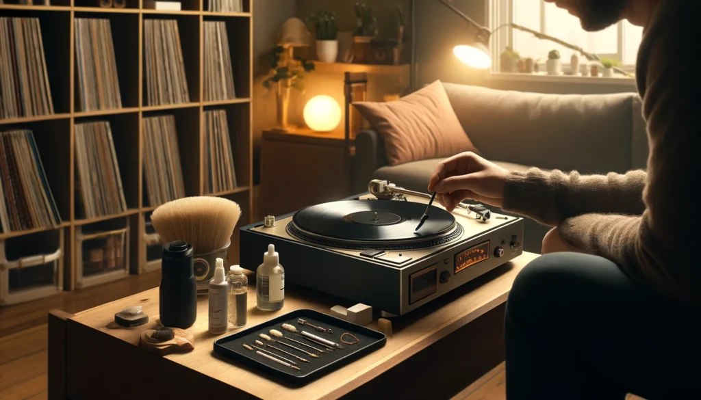 A cozy living room setting with someone carefully maintaining a Victrola turntable. The person is gently cleaning the stylus using a stylus brush, with cleaning supplies like a carbon fiber brush and vinyl cleaning solution on the table. Shelves filled with vinyl records line the background, illuminated by soft, warm lighting from a table lamp.