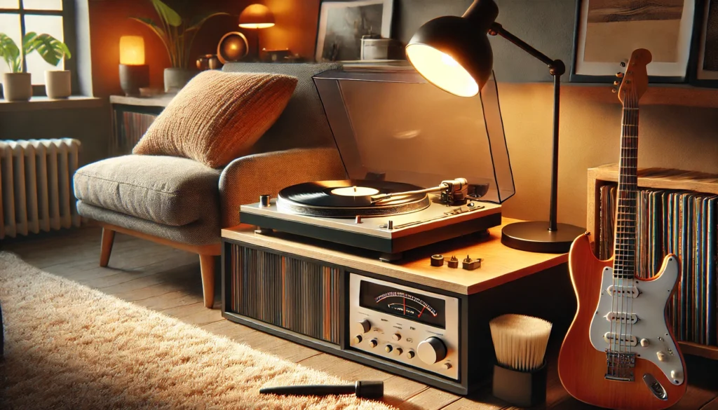 A cozy modern living room featuring a vinyl record player on a wooden surface. The turntable is highlighted by warm lighting from a nearby table lamp, with a stylus cleaning brush in the foreground. A comfortable armchair, vinyl records, and a guitar complete the room’s inviting retro-modern aesthetic.
