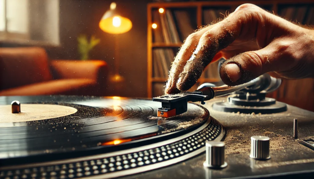 A close-up of a dusty and dirty record player needle (stylus) struggling to track the grooves of a vinyl record, highlighting the importance of regular cleaning for optimal sound quality.