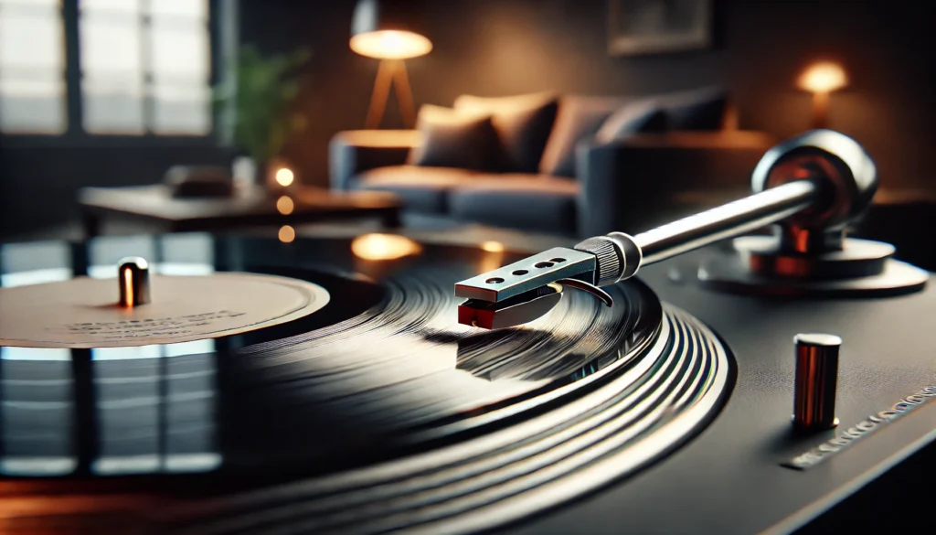 A close-up view of a clean record player needle (stylus) with a vinyl record underneath, showcasing the precision and cleanliness needed for optimal sound quality.