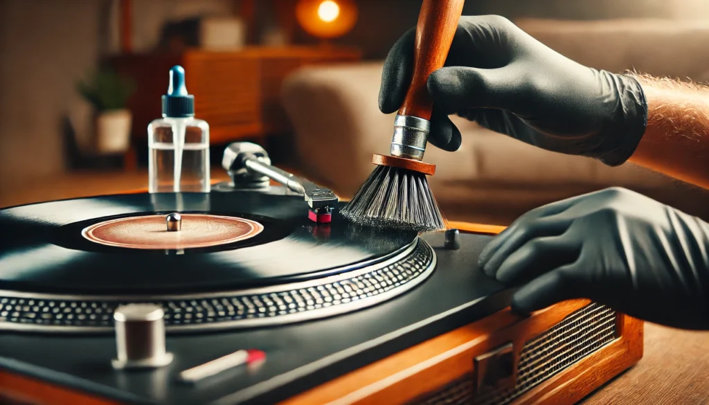 A close-up image of a record player stylus being cleaned with a carbon fiber brush, alongside a bottle of cleaning solution in a cozy, warmly lit room.