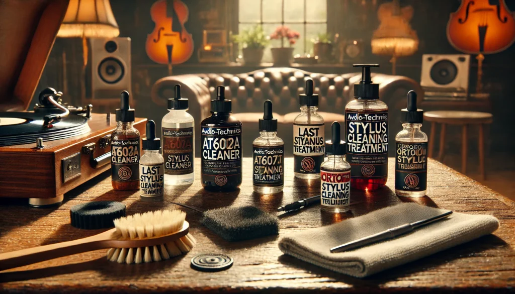 A detailed, close-up shot of several recommended record player stylus cleaning products displayed on a wooden table in a cozy, vintage-inspired living room. The setup includes bottles of cleaning solutions, soft brushes, and a carbon fiber brush, creating a warm, meticulous atmosphere for vinyl care.